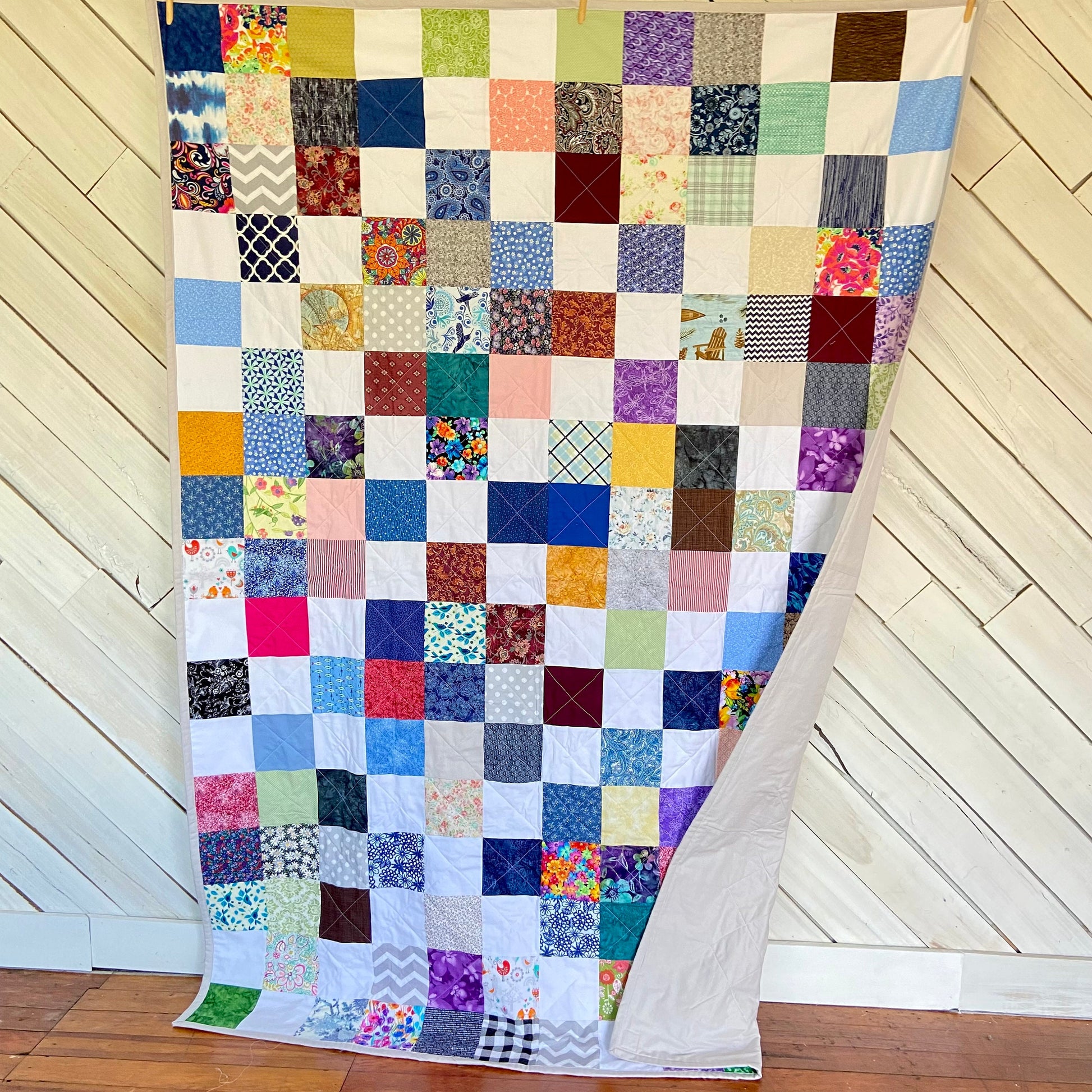 Handmade Twin Bed Size Quilt in Colorful Scrappy Patchwork Style. Bedspread