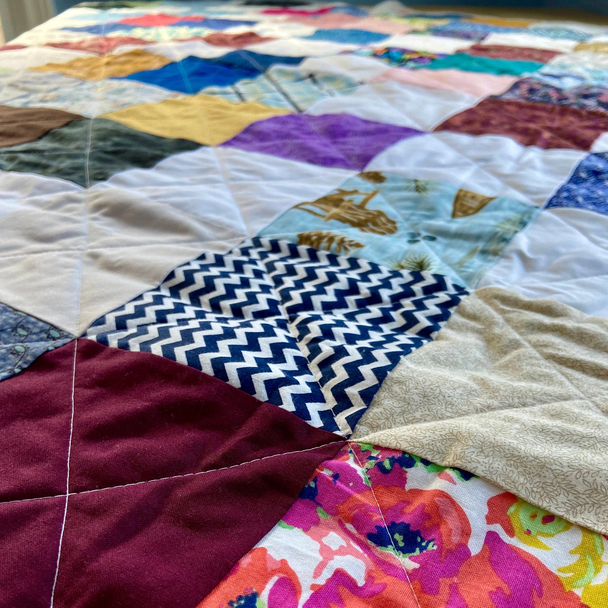 Handmade Twin Bed Size Quilt in Colorful Scrappy Patchwork Style. Bedspread