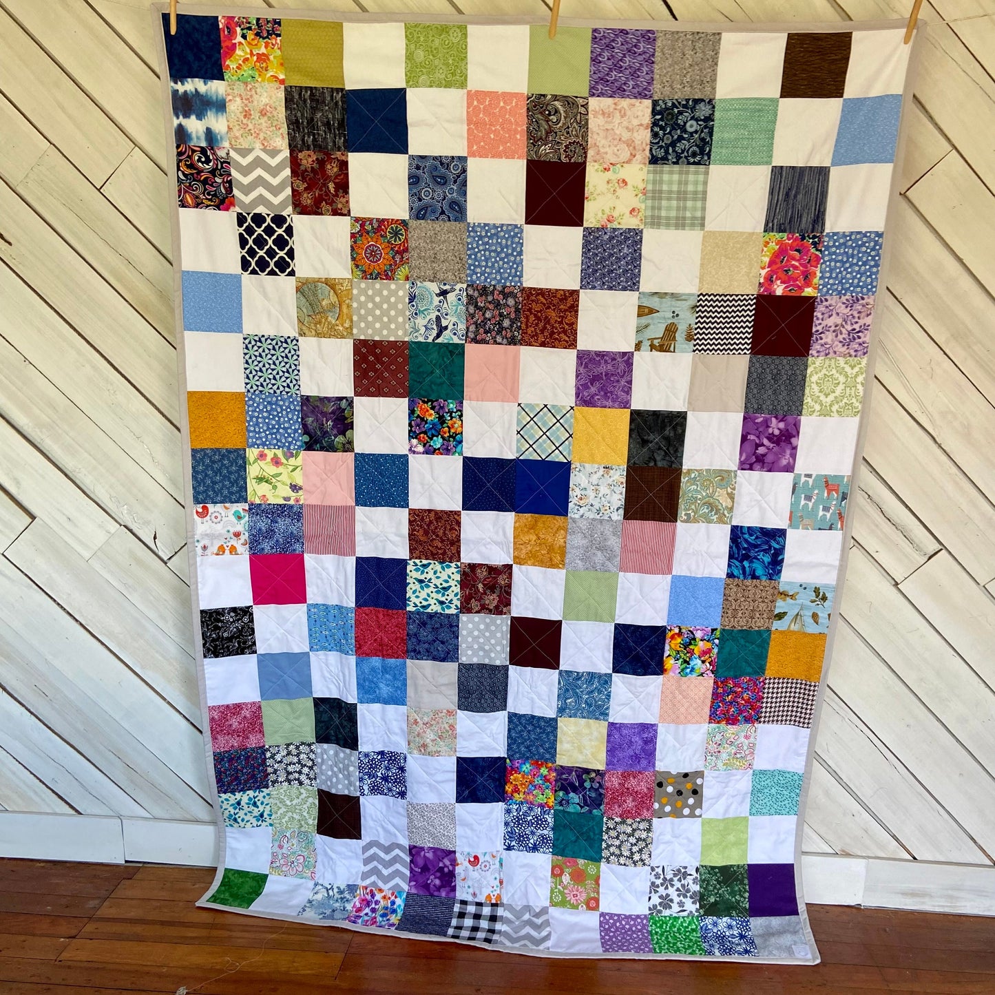 Handmade Twin Bed Size Quilt in Colorful Scrappy Patchwork Style. Bedspread