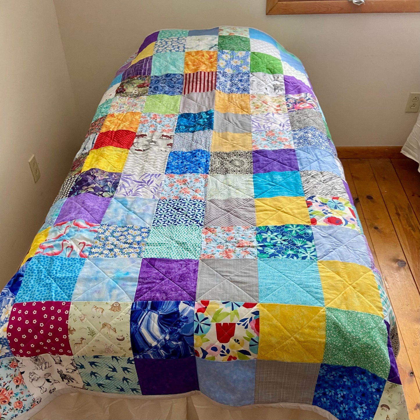 Twin Bed Quilt in Scrappy Patchwork Style. Colorful Quilted Bedspread for Twin Size Bed.