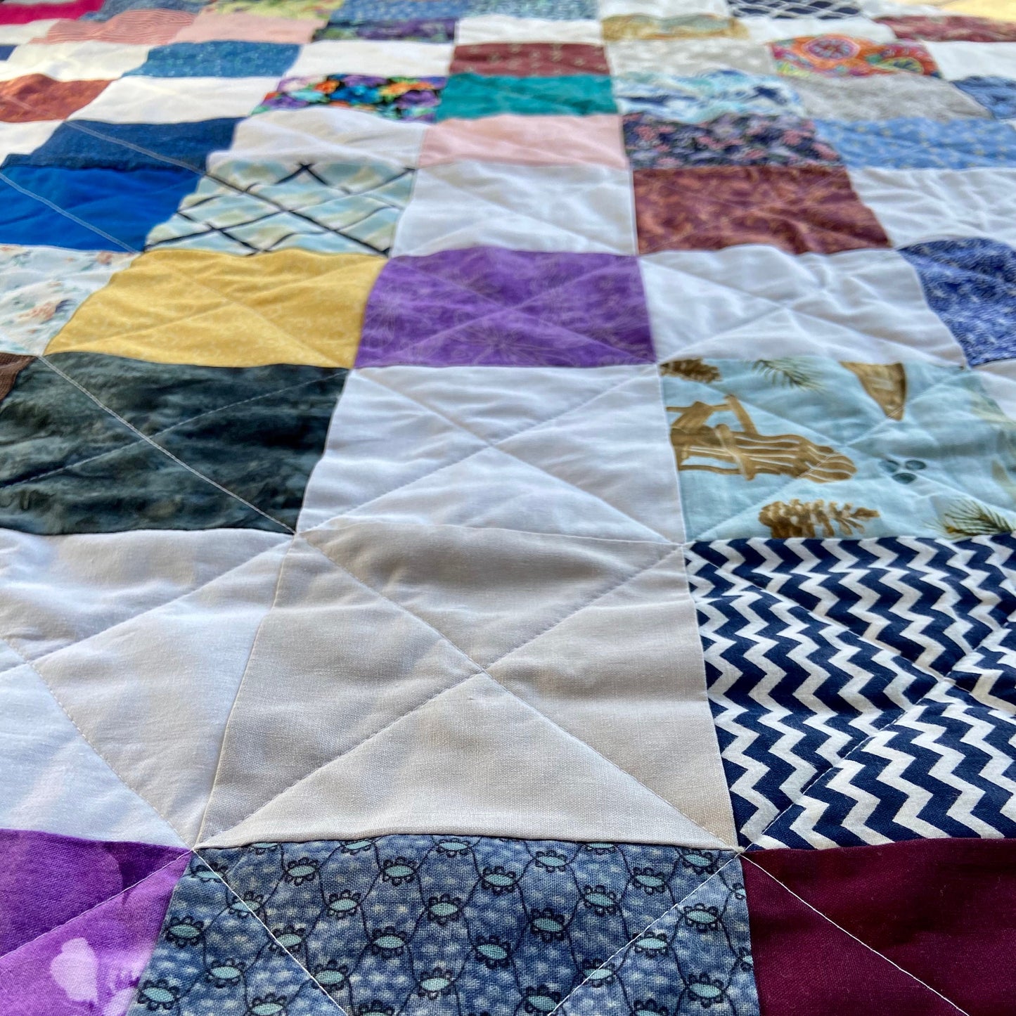 Handmade Twin Bed Size Quilt in Colorful Scrappy Patchwork Style. Bedspread