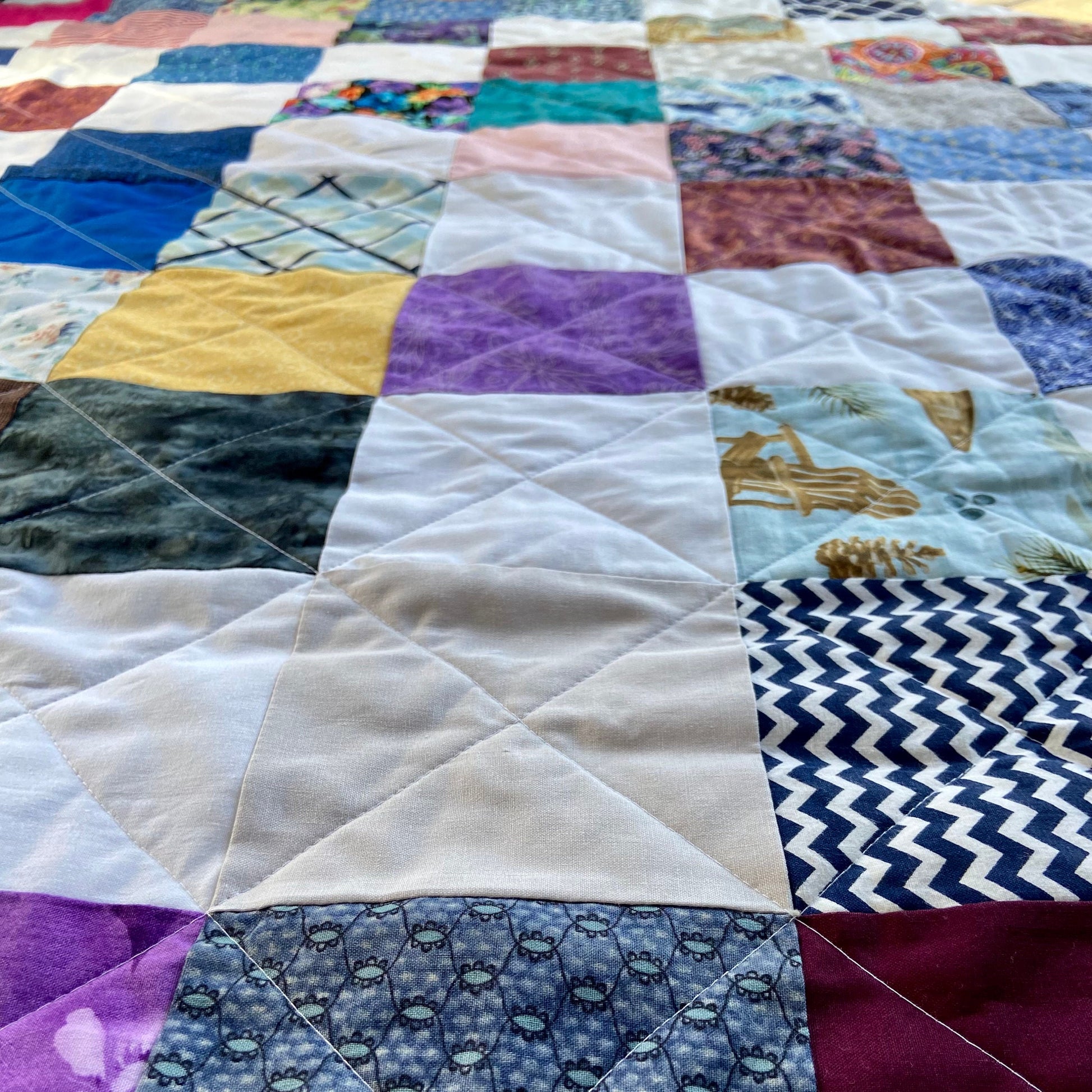 Handmade Twin Bed Size Quilt in Colorful Scrappy Patchwork Style. Bedspread