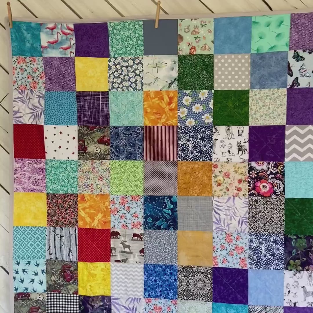Twin Bed Quilt in Scrappy Patchwork Style. Colorful Quilted Bedspread for Twin Size Bed.