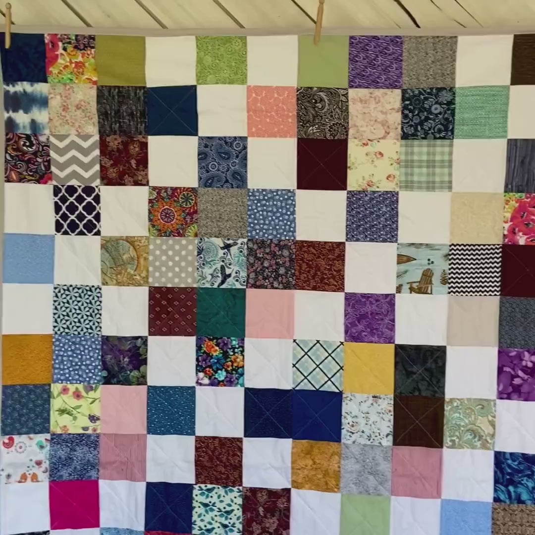 Handmade Twin Bed Size Quilt in Colorful Scrappy Patchwork Style. Bedspread