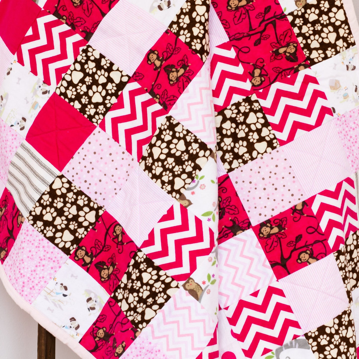 Modern Patchwork Handmade Baby Quilt or Kids Playmat in Pink for 1 Year Old Girl Gift. Quilted Blanket in Flannel for Niece Gift from Aunt.