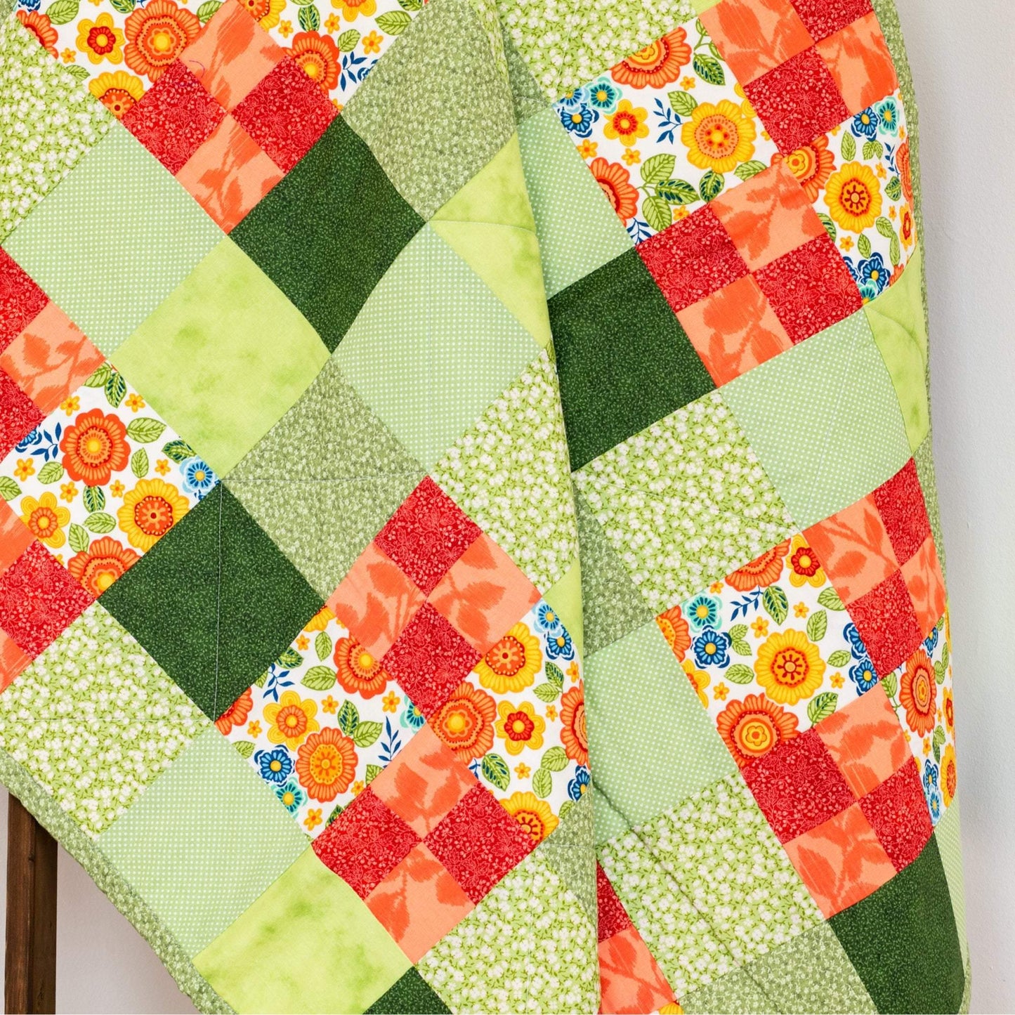 Handmade Quilts in Modern Patchwork is the Perfect Throw Blanket for Great Grandma Gift. Homemade Quilts with Coral and Sage Floral Pattern. - The Best Seamstress