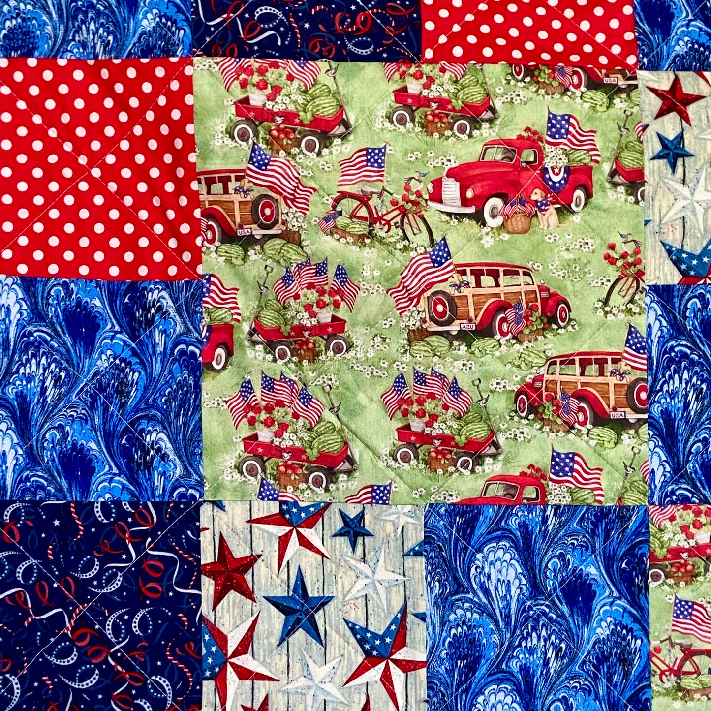 Patchwork Quilt for Patriotic Decor Featuring Iconic Red Truck