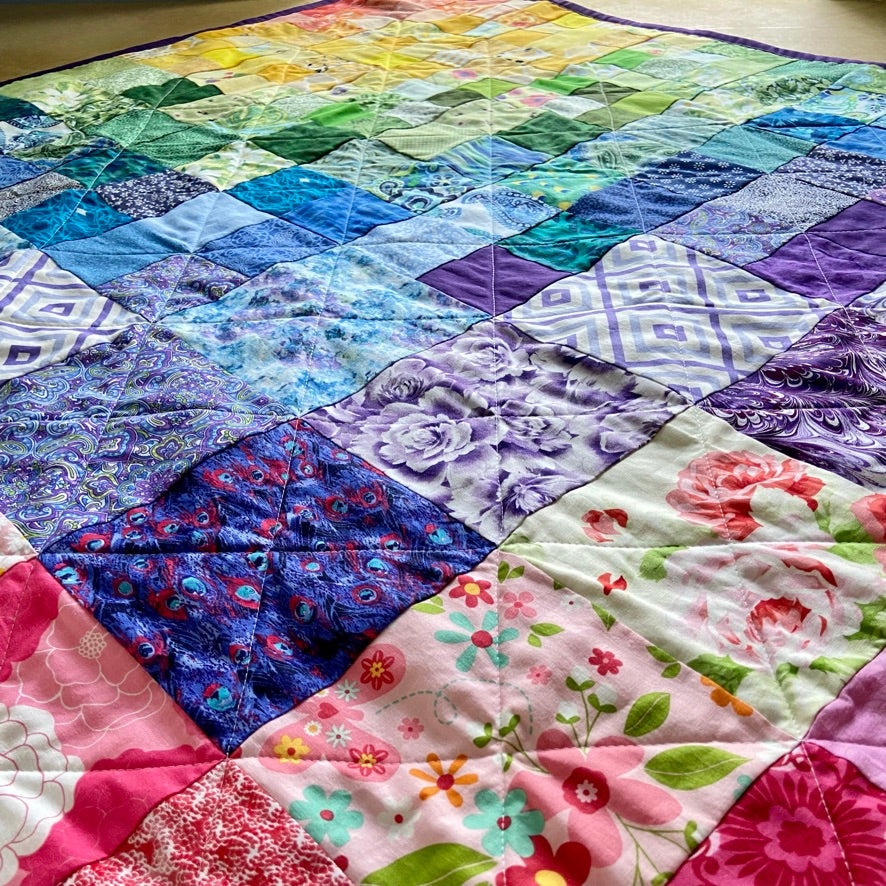 Colorful Rainbow Quilt Measuring 50 x 55" with Floral Cotton Fabrics for Lap or Couch