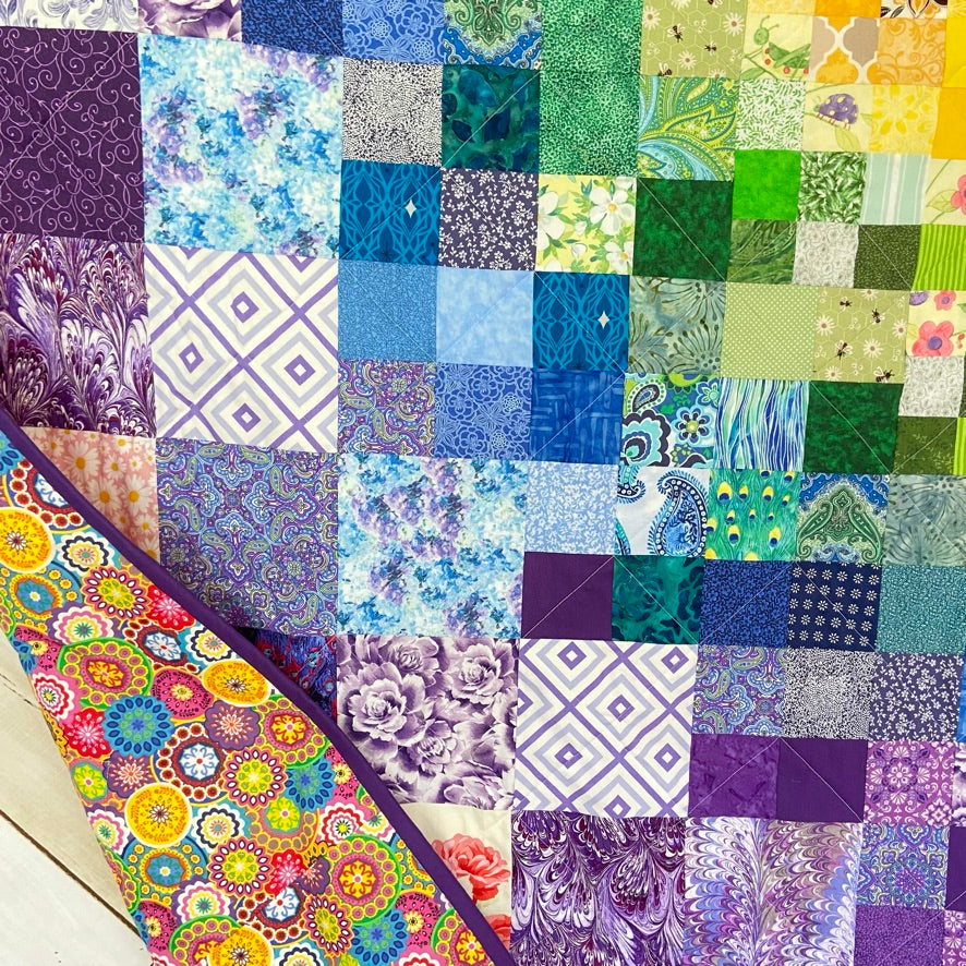 Colorful Rainbow Quilt Measuring 50 x 55" with Floral Cotton Fabrics for Lap or Couch