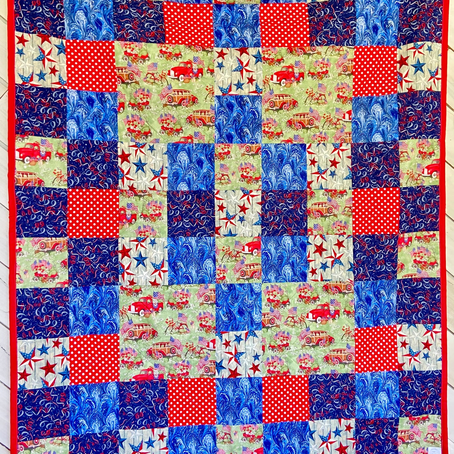 Patchwork Quilt for Patriotic Decor Featuring Iconic Red Truck