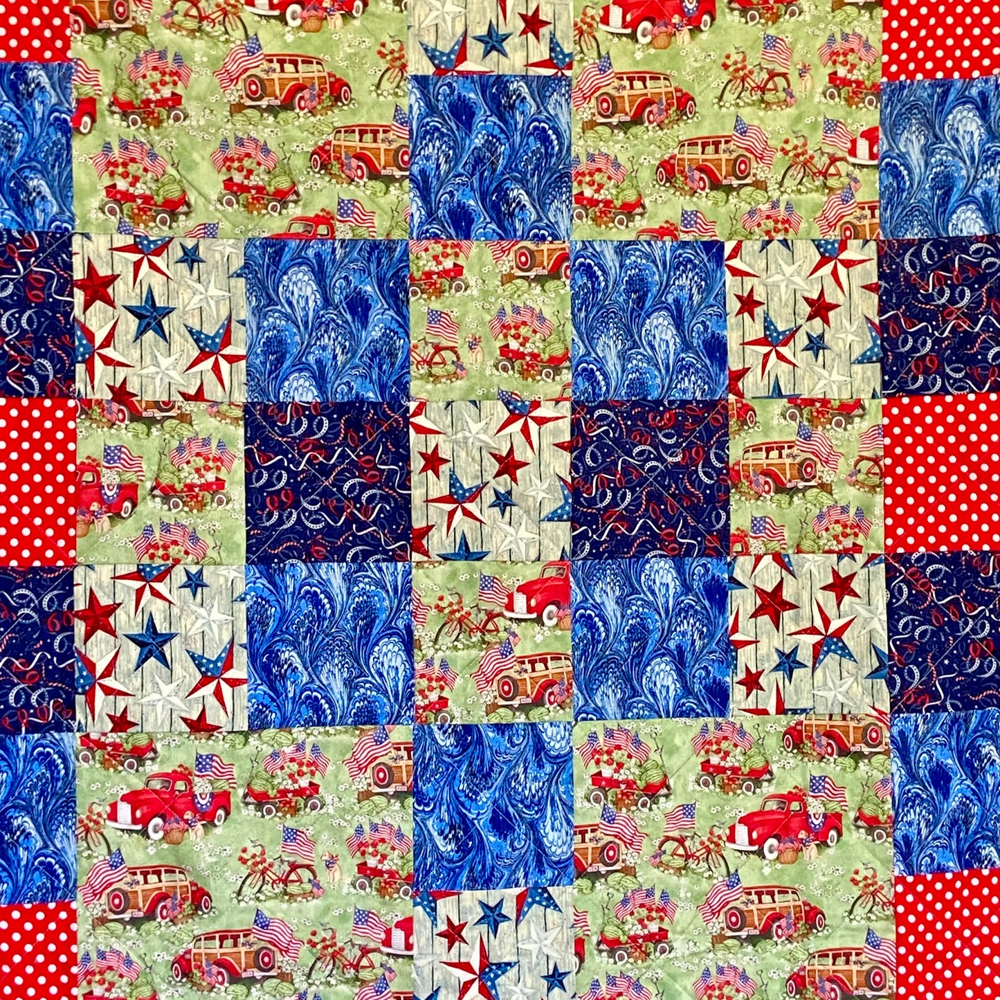 Patchwork Quilt for Patriotic Decor Featuring Iconic Red Truck