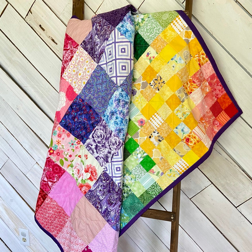 Colorful Rainbow Quilt Measuring 50 x 55" with Floral Cotton Fabrics for Lap or Couch