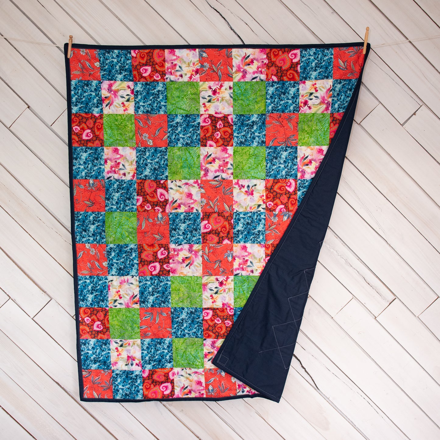 Quilted Throw Blanket in Colorful Coral and Pink. Patchwork Quilt