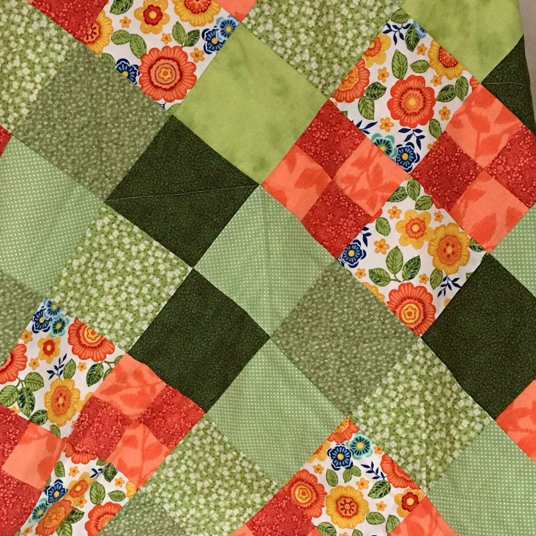 Homemade Modern Patchwork Baby Quilt for Kids Playmat, Couch Throw Blanket. Contemporary Quilted Blanket Perfect 1st Birthday Gift from Aunt