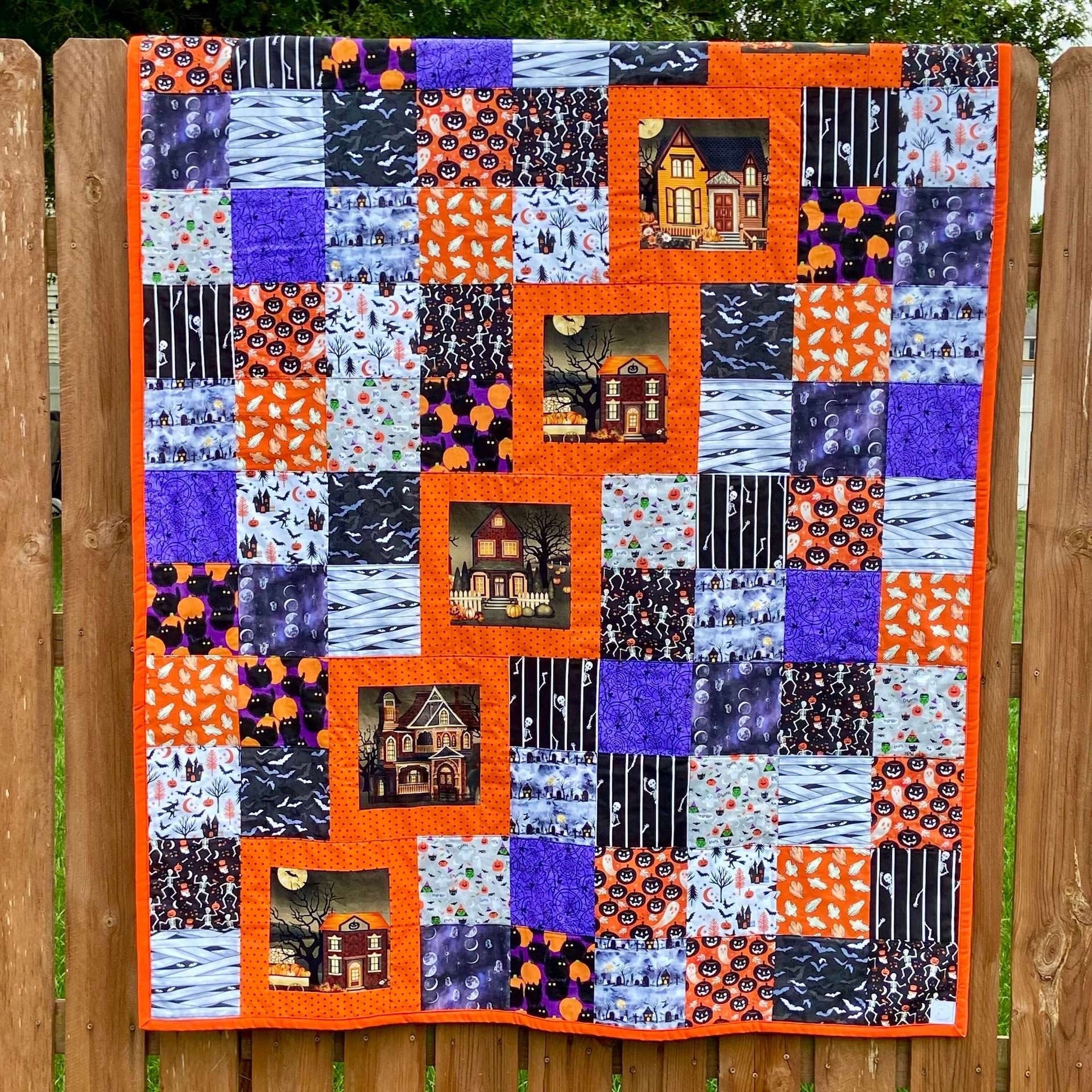 Halloween Blanket with Blocks Featuring a Haunted House. Handmade Fall Quilt in Purple, with Pumpkins. Woven Throw Blanket for Outdoor Decor