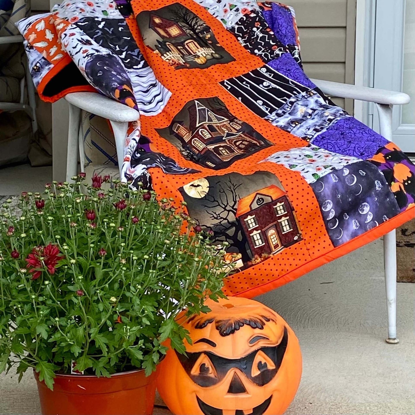 Halloween Blanket with Blocks Featuring a Haunted House. Handmade Fall Quilt in Purple, with Pumpkins. Woven Throw Blanket for Outdoor Decor