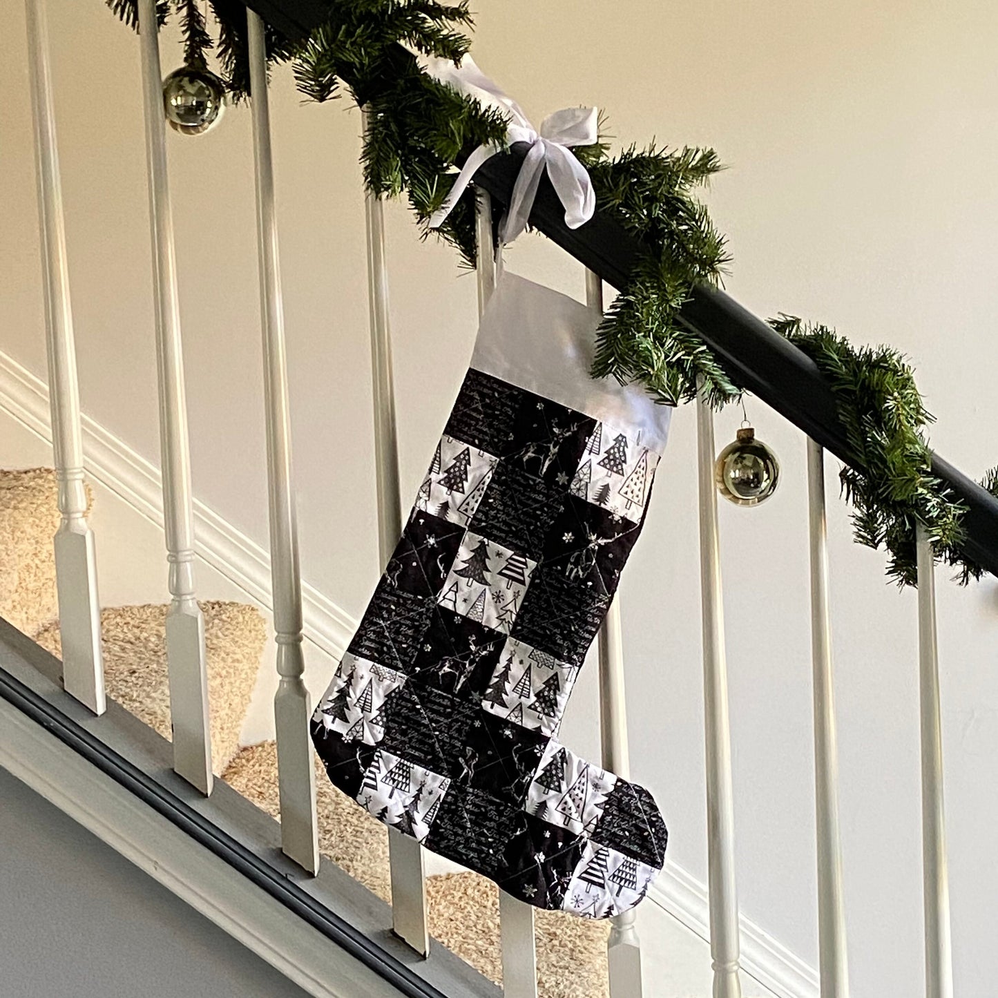 Quilted Stocking to Match Your Buffalo Plaid Christmas Decor in Black and White. Embroidered Family Stockings in Unique Farmhouse Style.