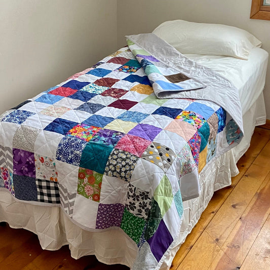 Handmade Twin Bed Size Quilt in Colorful Scrappy Patchwork Style. Bedspread