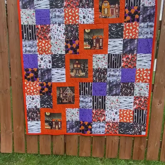 Halloween Blanket with Blocks Featuring a Haunted House. Handmade Fall Quilt in Purple, with Pumpkins. Woven Throw Blanket for Outdoor Decor