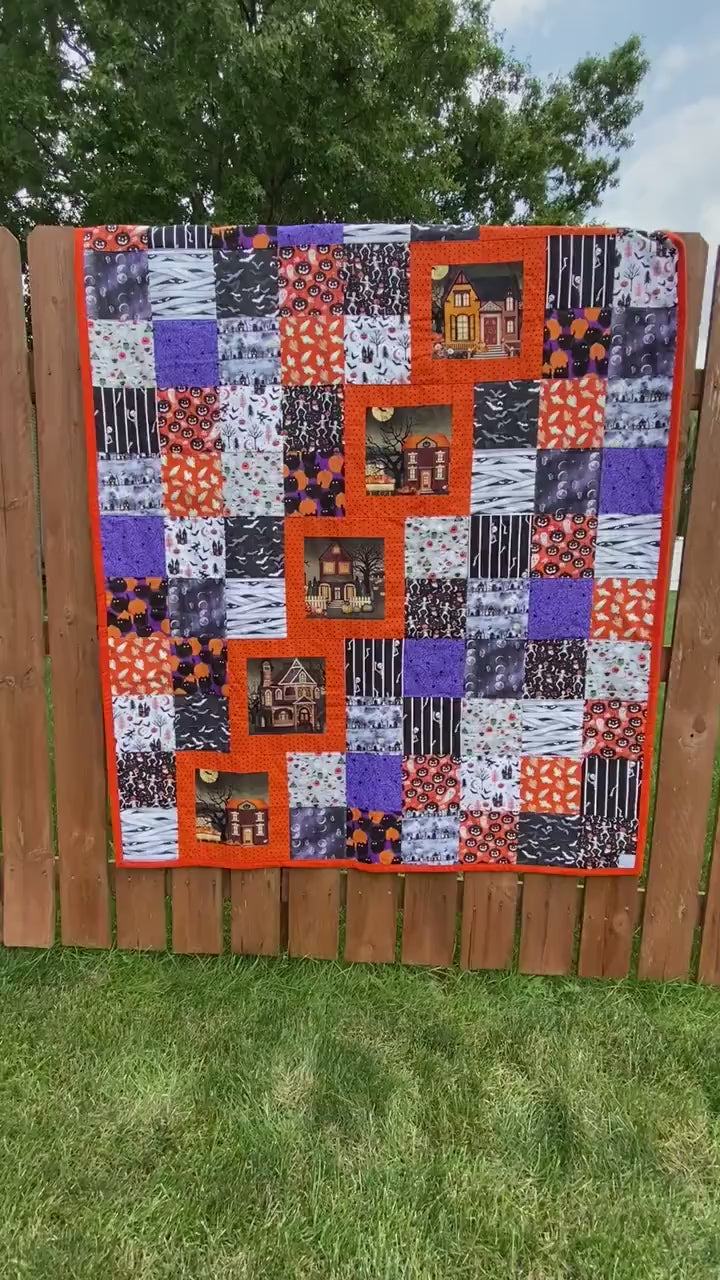 Halloween Blanket with Blocks Featuring a Haunted House. Handmade Fall Quilt in Purple, with Pumpkins. Woven Throw Blanket for Outdoor Decor