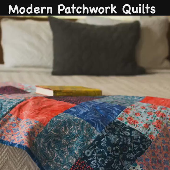 Modern Patchwork Quilt Handmade in Peach and Periwinkle. Woven Throw Blanket for Lap or Guest Bedroom, Twin Bed Blanket Unique New Home Gift