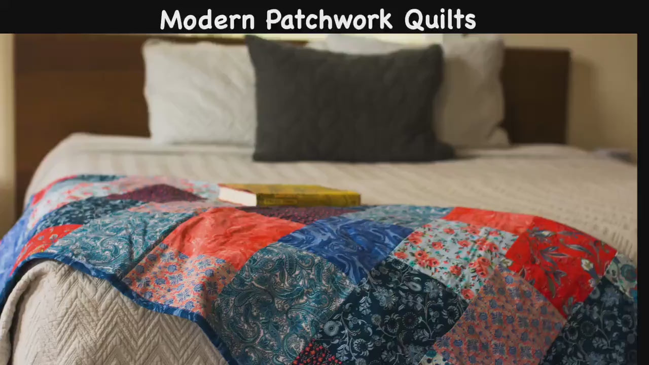 Modern Patchwork Quilt Handmade in Peach and Periwinkle. Woven Throw Blanket for Lap or Guest Bedroom, Twin Bed Blanket Unique New Home Gift