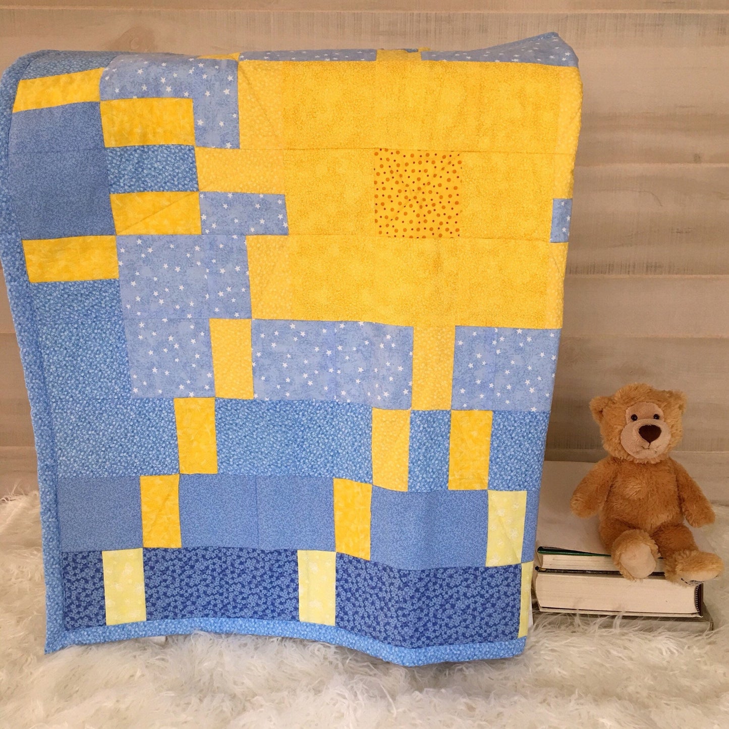 Modern Patchwork Baby Quilt for a You Are My Sunshine Nursery, First Birthday or Baby Shower Gift. Lovely Padded Kids Playmat for Toddlers.