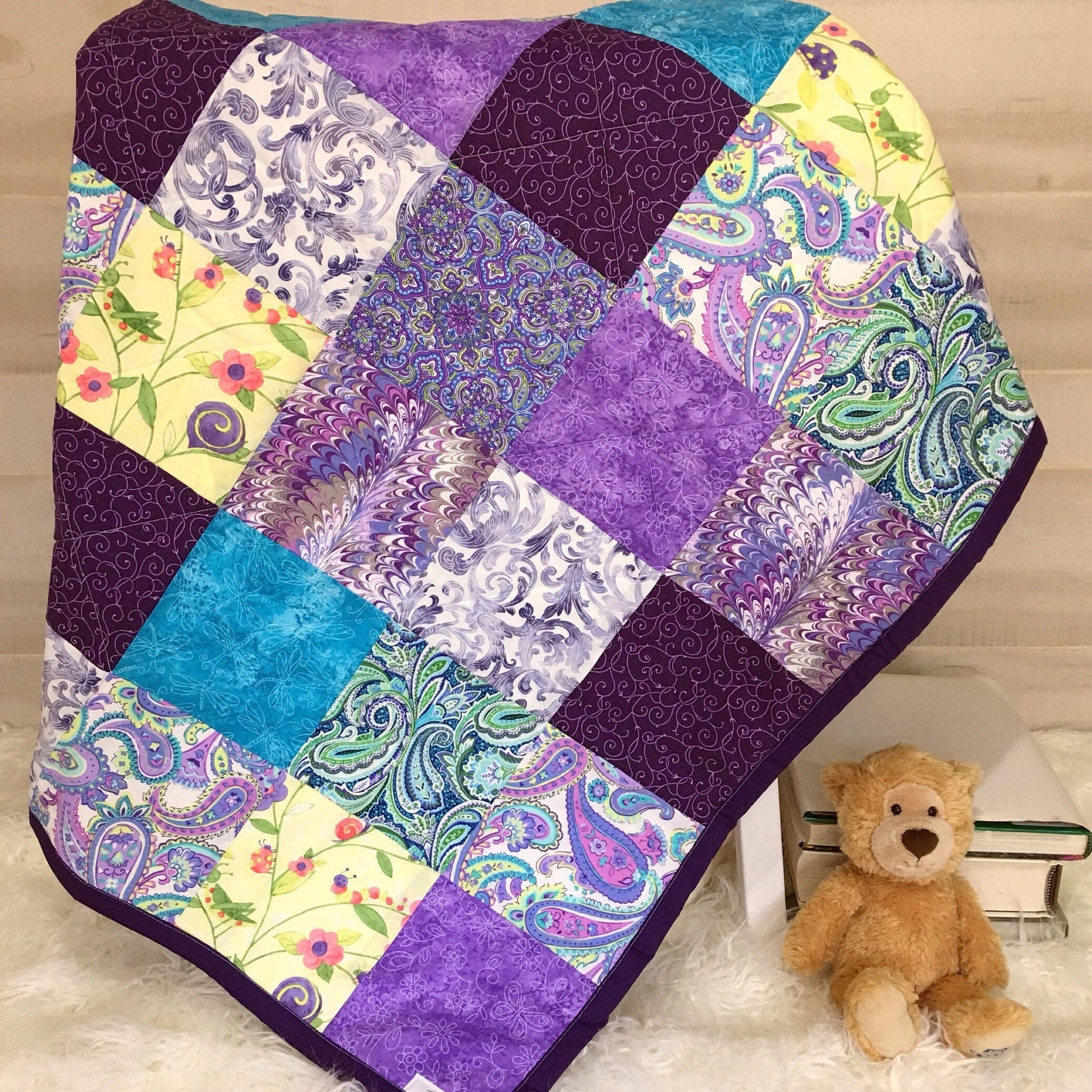 Modern Patchwork Baby Girl Quilt for Handmade in Purple Perfect for 1 Year Old Girl Gift. Toddler Bedding Girl Colorful Quilted Blanket Crib