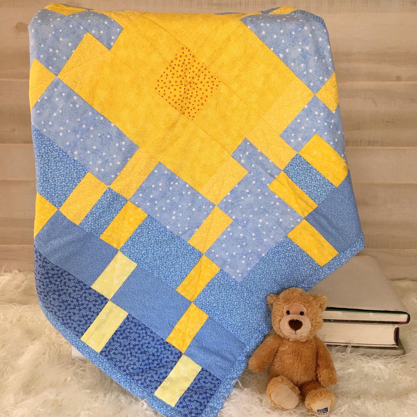 Modern Patchwork Baby Quilt for a You Are My Sunshine Nursery, First Birthday or Baby Shower Gift. Lovely Padded Kids Playmat for Toddlers.