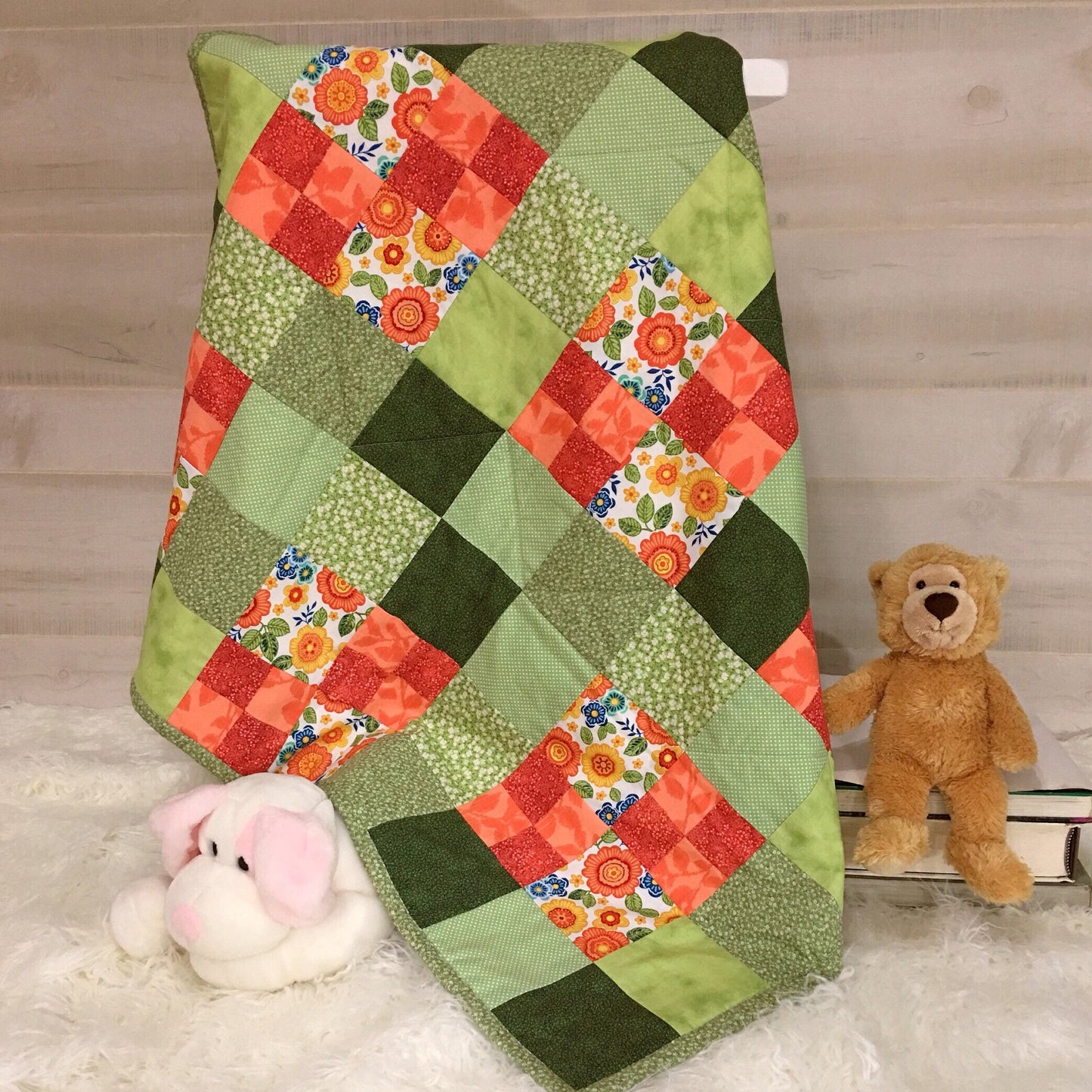 Homemade Modern Patchwork Baby Quilt for Kids Playmat, Couch Throw Blanket. Contemporary Quilted Blanket Perfect 1st Birthday Gift from Aunt