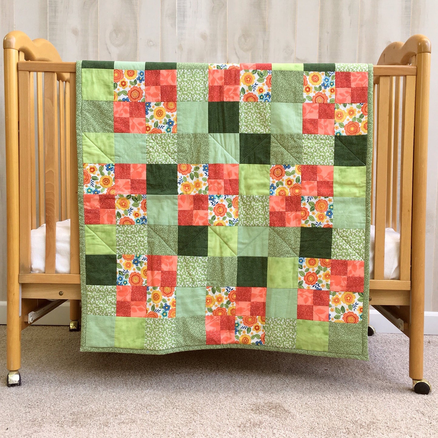 Homemade Modern Patchwork Baby Quilt for Kids Playmat, Couch Throw Blanket. Contemporary Quilted Blanket Perfect 1st Birthday Gift from Aunt