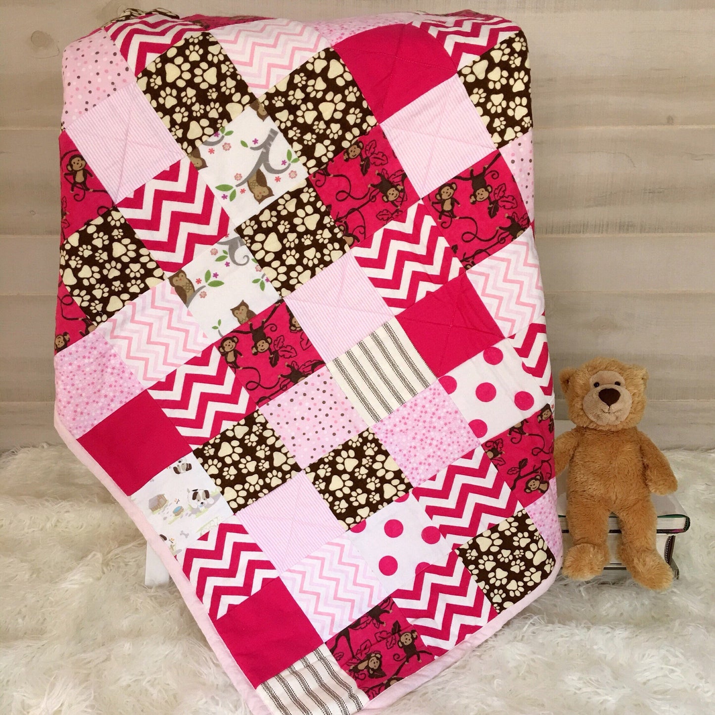 Modern Patchwork Handmade Baby Quilt or Kids Playmat in Pink for 1 Year Old Girl Gift. Quilted Blanket in Flannel for Niece Gift from Aunt.