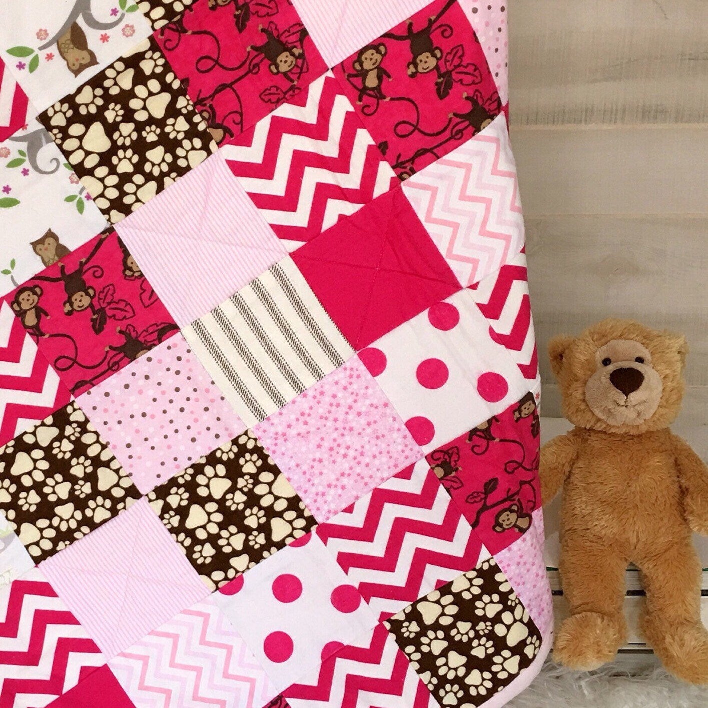 Modern Patchwork Handmade Baby Quilt or Kids Playmat in Pink for 1 Year Old Girl Gift. Quilted Blanket in Flannel for Niece Gift from Aunt.