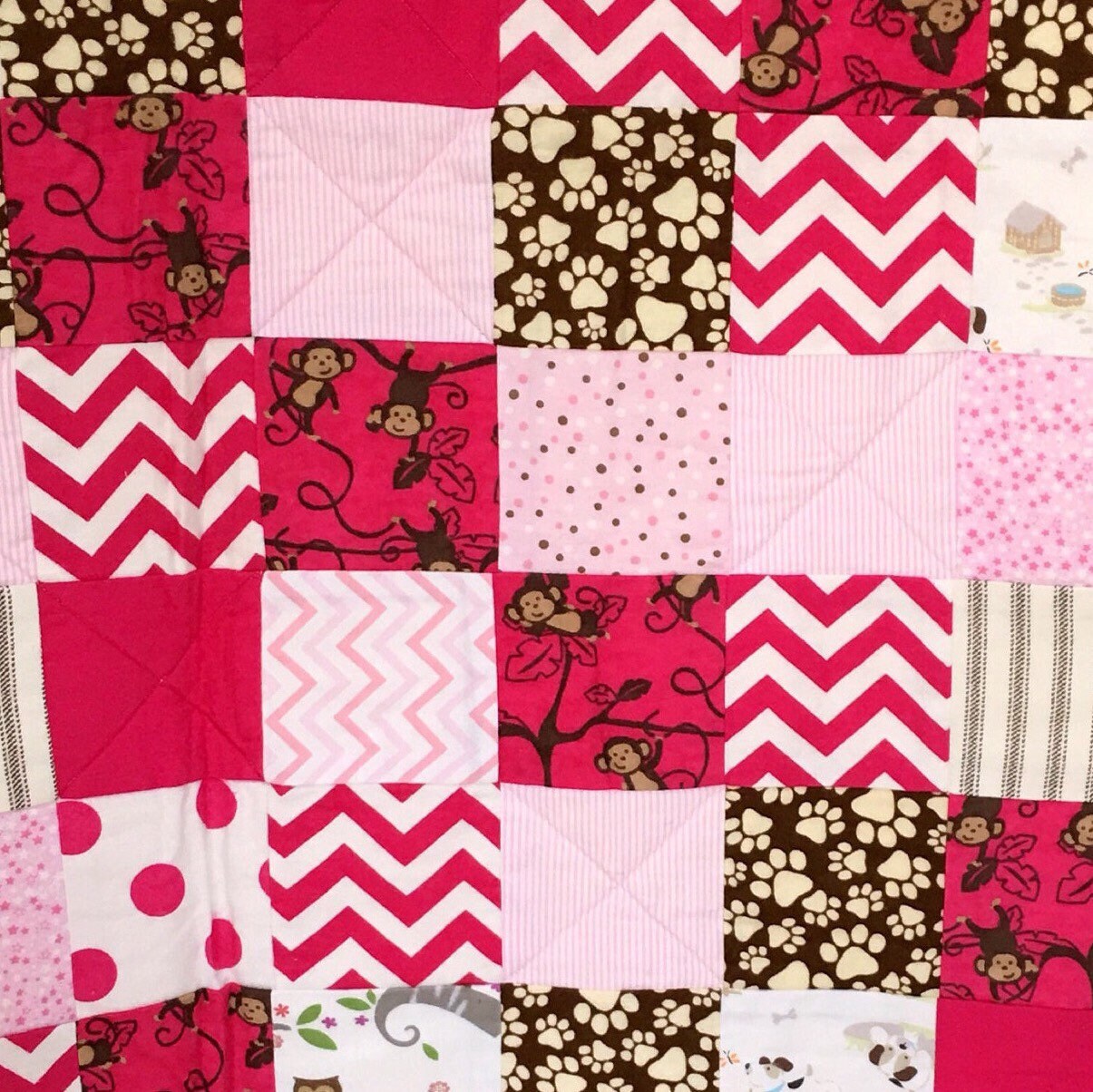 Modern Patchwork Handmade Baby Quilt or Kids Playmat in Pink for 1 Year Old Girl Gift. Quilted Blanket in Flannel for Niece Gift from Aunt.