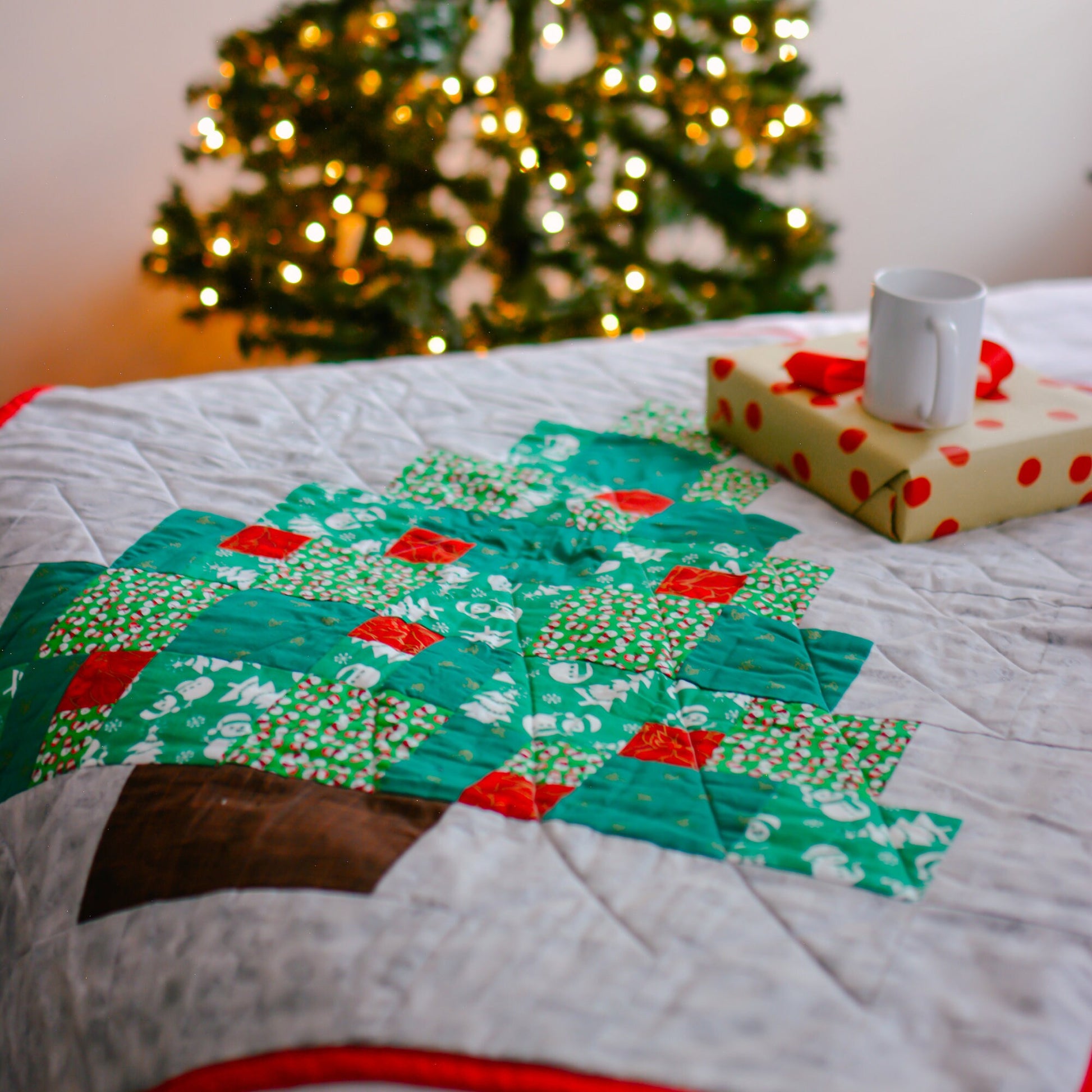 Modern Christmas Tree Quilt, Lap Quilts Handmade Ready to Ship Today. Woven Throw Blanket for Great Grandma Gift. Patchwork Quilted Throw.