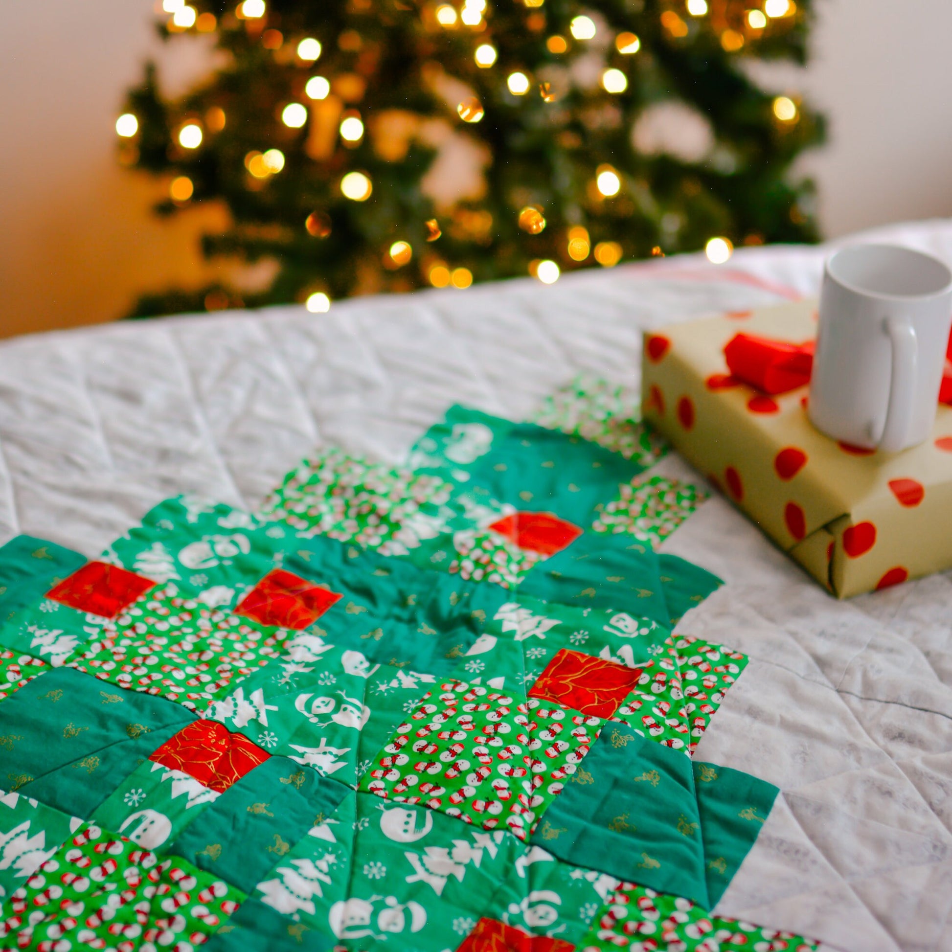 Modern Christmas Tree Quilt, Lap Quilts Handmade Ready to Ship Today. Woven Throw Blanket for Great Grandma Gift. Patchwork Quilted Throw.