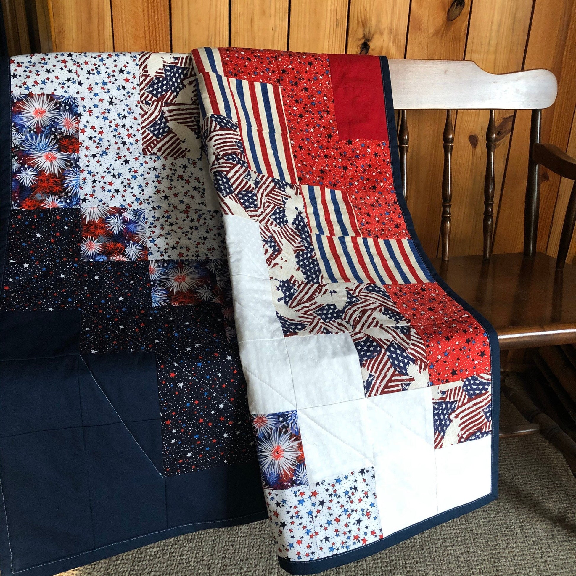 Patriotic Quilt for Firefighter Gift for Him American Flag Wall Art. Modern Textile Wall Hanging for Military, Retirement or Birthday Gift.