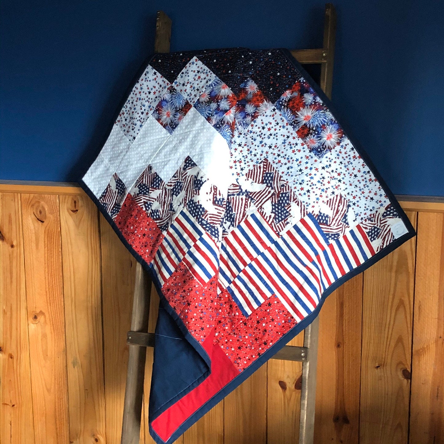 Patriotic Quilt for Firefighter Gift for Him American Flag Wall Art. Modern Textile Wall Hanging for Military, Retirement or Birthday Gift.