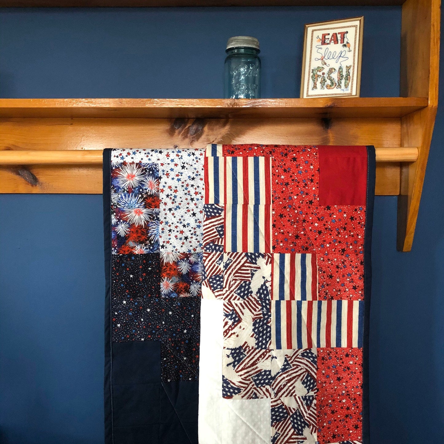 Patriotic Quilt for Firefighter Gift for Him American Flag Wall Art. Modern Textile Wall Hanging for Military, Retirement or Birthday Gift.