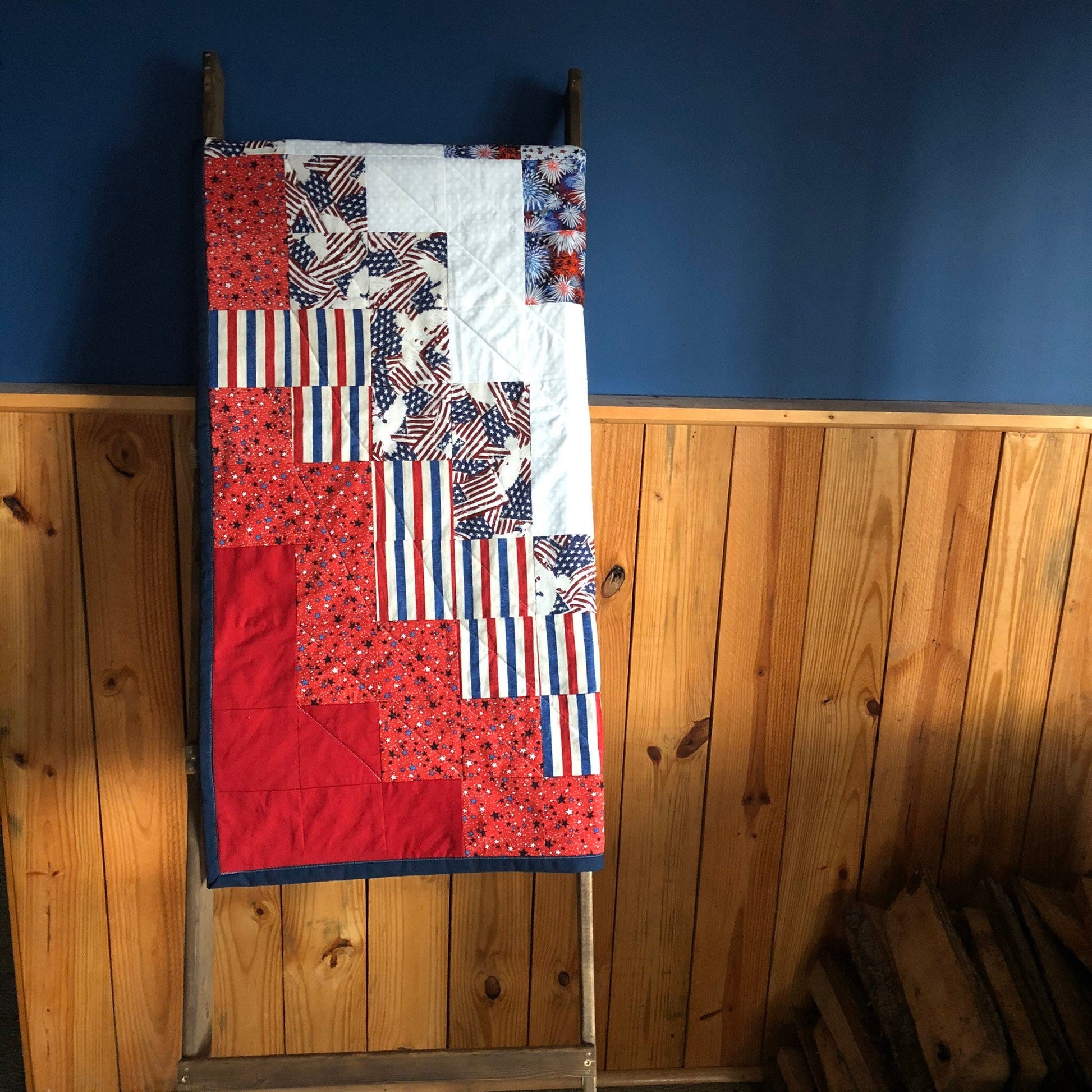 Patriotic Quilt for Firefighter Gift for Him American Flag Wall Art. Modern Textile Wall Hanging for Military, Retirement or Birthday Gift.