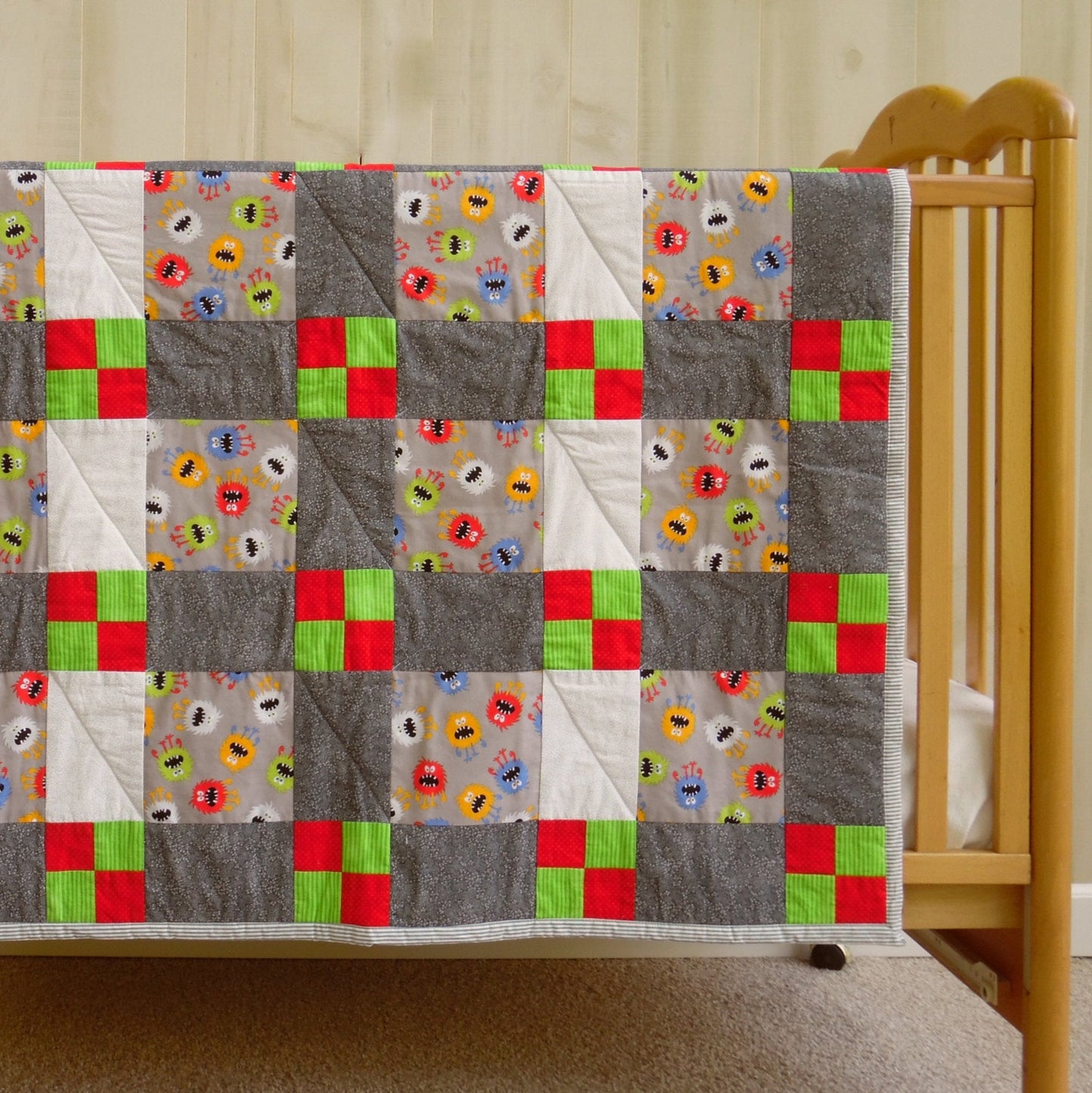 Quilted Toddler Blanket with Monster Theme For Boy's First Birthday Gift