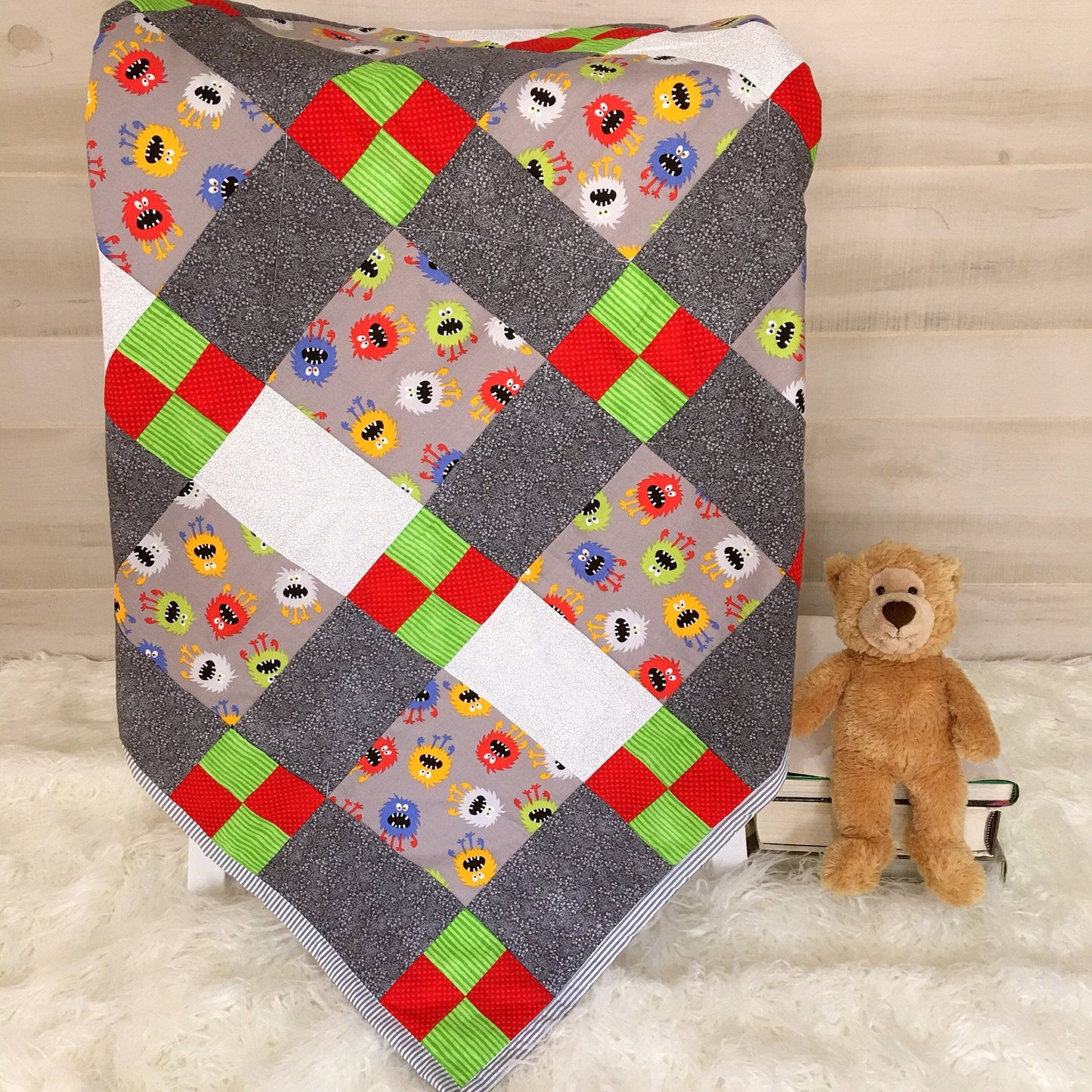 Quilted Toddler Blanket with Monster Theme For Boy's First Birthday Gift