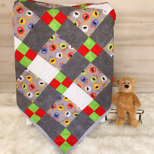 Quilted Toddler Blanket with Monster Theme For Boy's First Birthday Gift