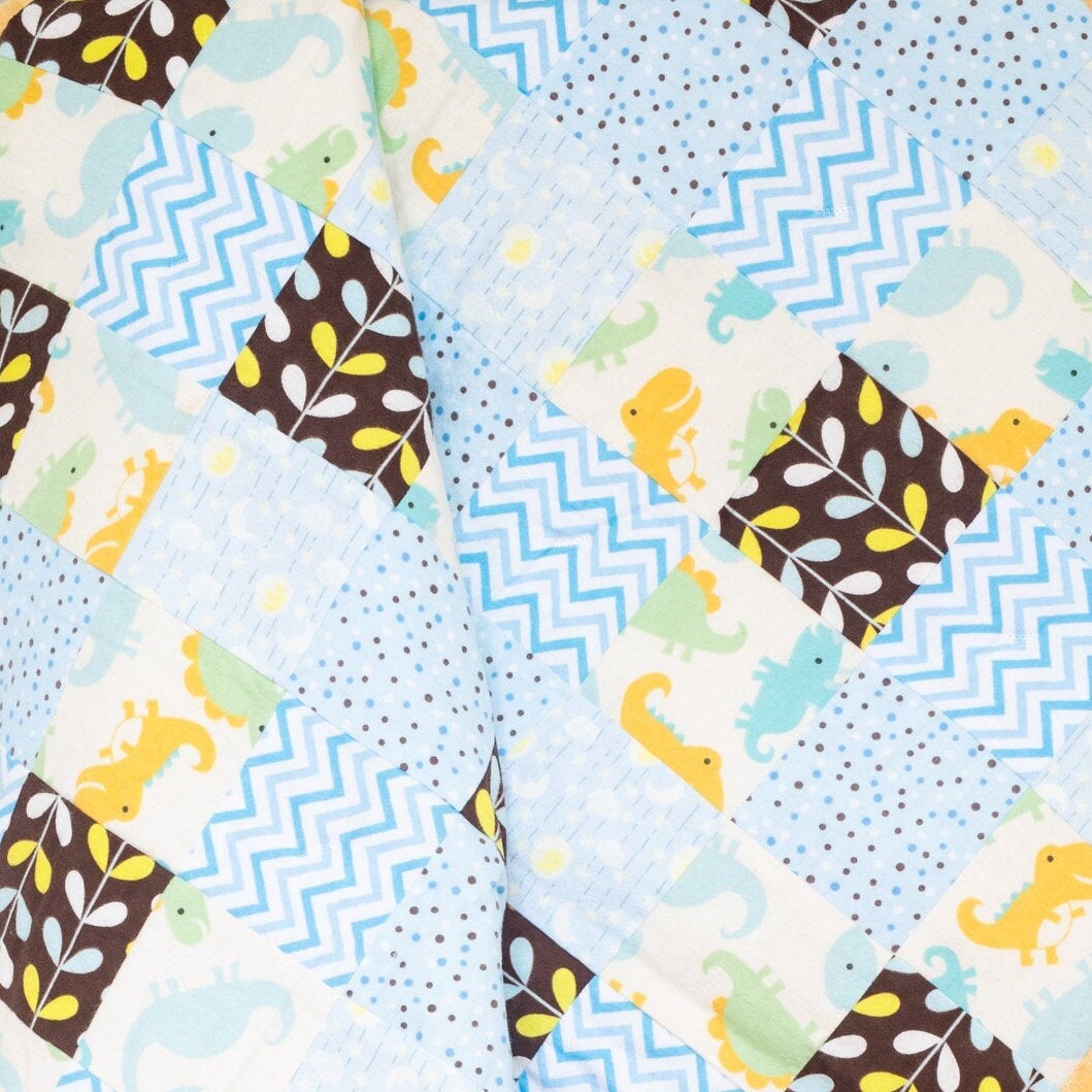 Baby Quilts for Sale, Baby Boy Blanket, Handmade, Toddler Bedding Dinosaur Theme, Kids Bedding Blue, Patchwork Baby Quilt, Grandson Gift.