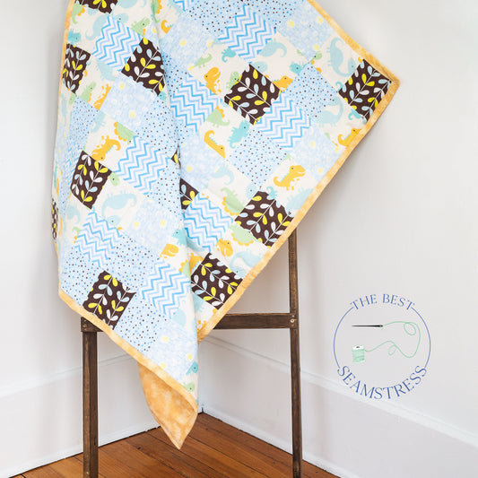 Baby Quilts for Sale, Baby Boy Blanket, Handmade, Toddler Bedding Dinosaur Theme, Kids Bedding Blue, Patchwork Baby Quilt, Grandson Gift.