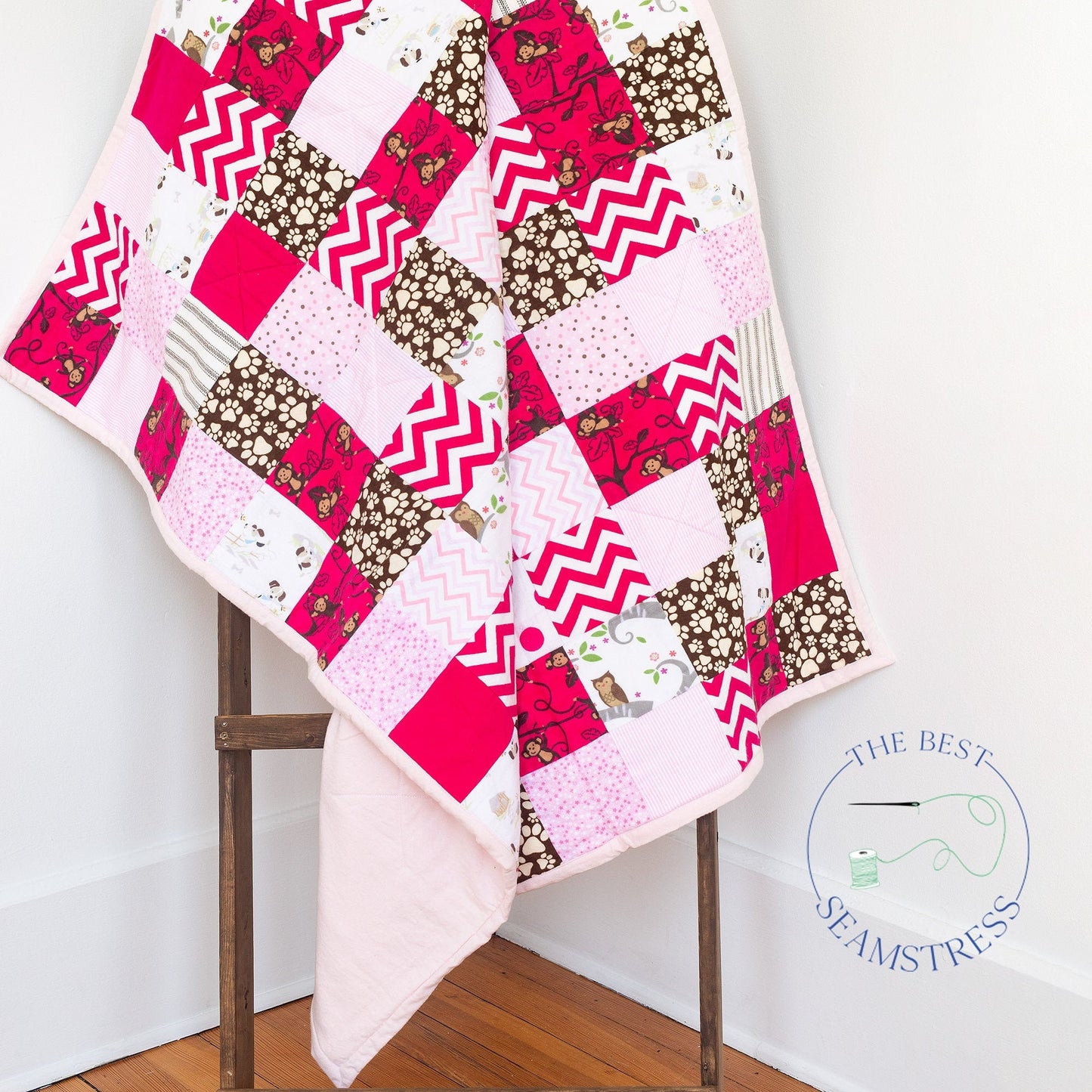 Modern Patchwork Handmade Baby Quilt or Kids Playmat in Pink for 1 Year Old Girl Gift. Quilted Blanket in Flannel for Niece Gift from Aunt.