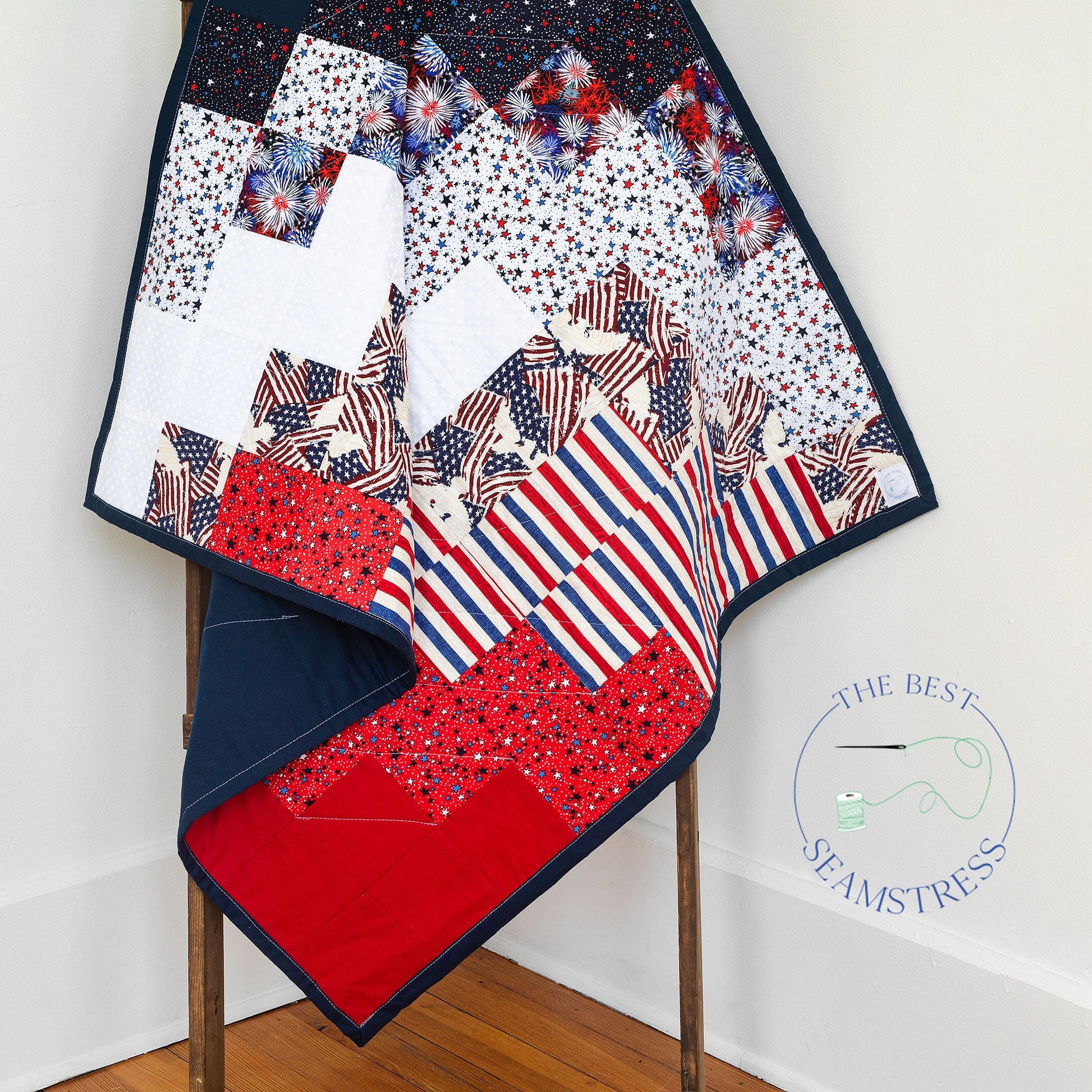 Patriotic Quilt for Firefighter Gift for Him American Flag Wall Art. Modern Textile Wall Hanging for Military, Retirement or Birthday Gift.