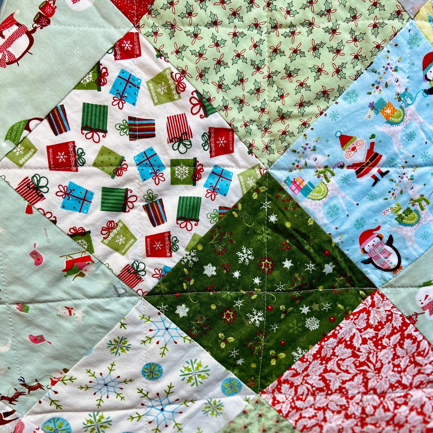 Throw Size Patchwork Quilt for Christmas in Holiday Fabrics for Lap or Sofa - The Best Seamstress