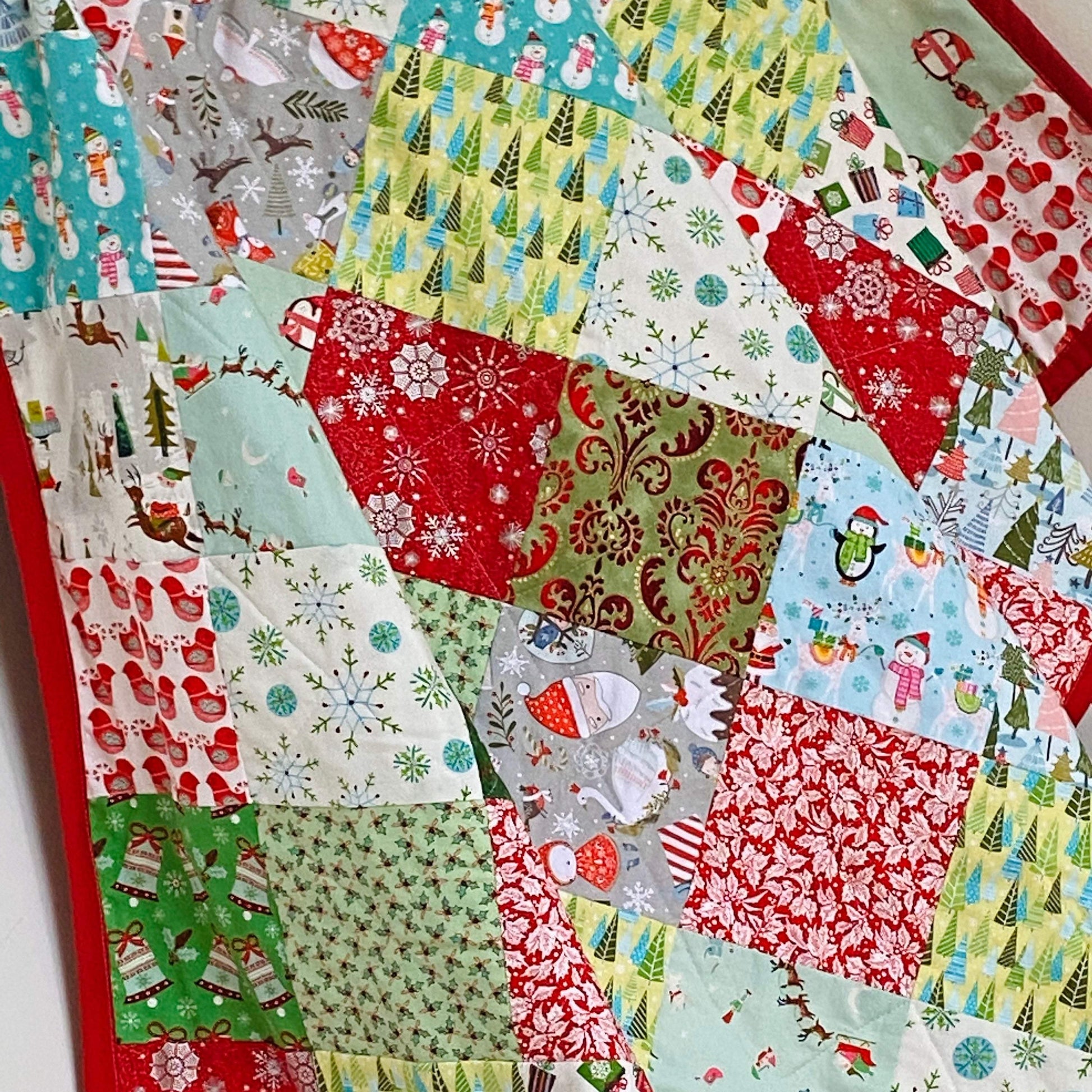 Throw Size Patchwork Quilt for Christmas in Holiday Fabrics for Lap or Sofa - The Best Seamstress