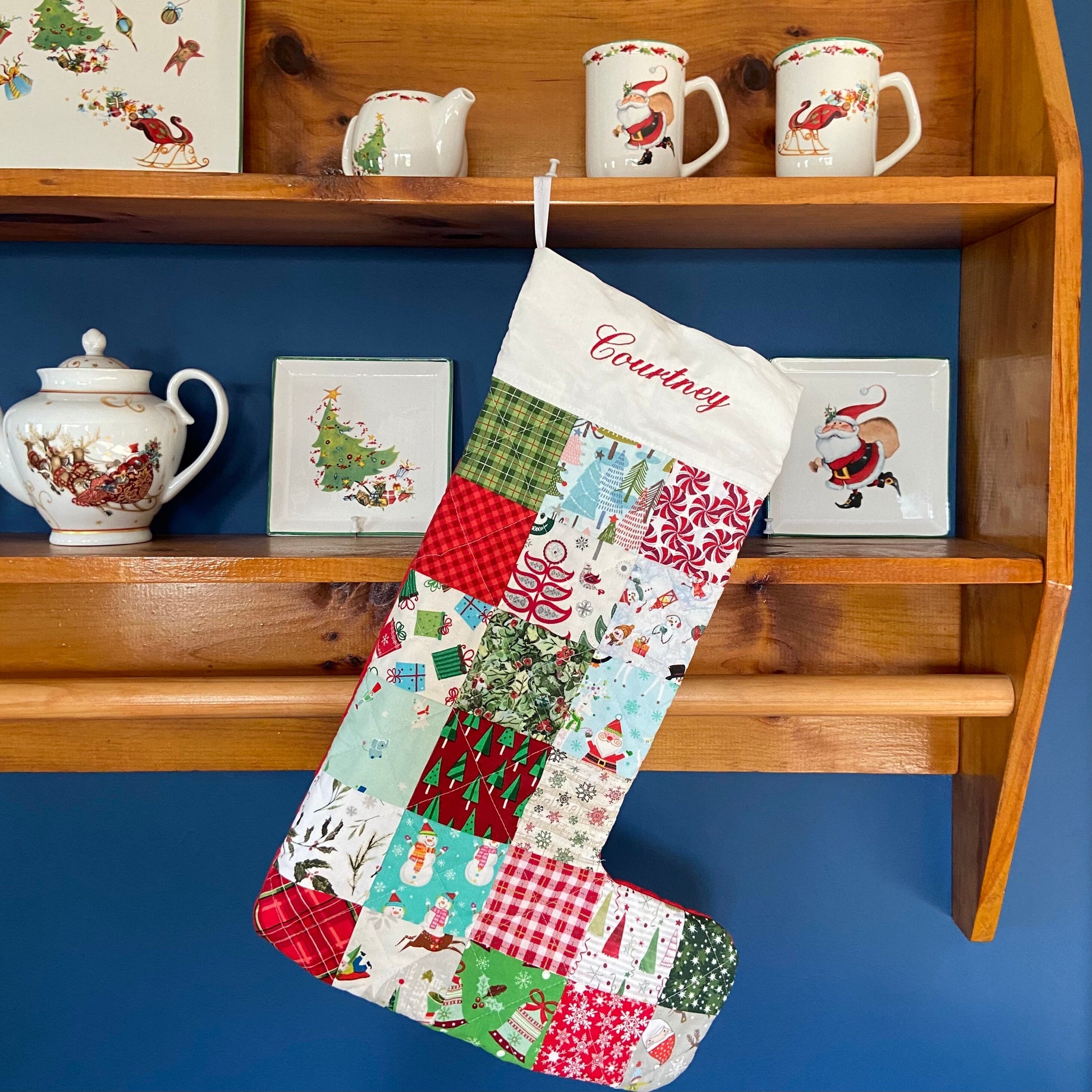 Quilted Christmas Stockings for Family or Dog Embroidered Stocking. Unique Farmhouse Holiday Personalized Patchwork Handmade Homemade Xmas